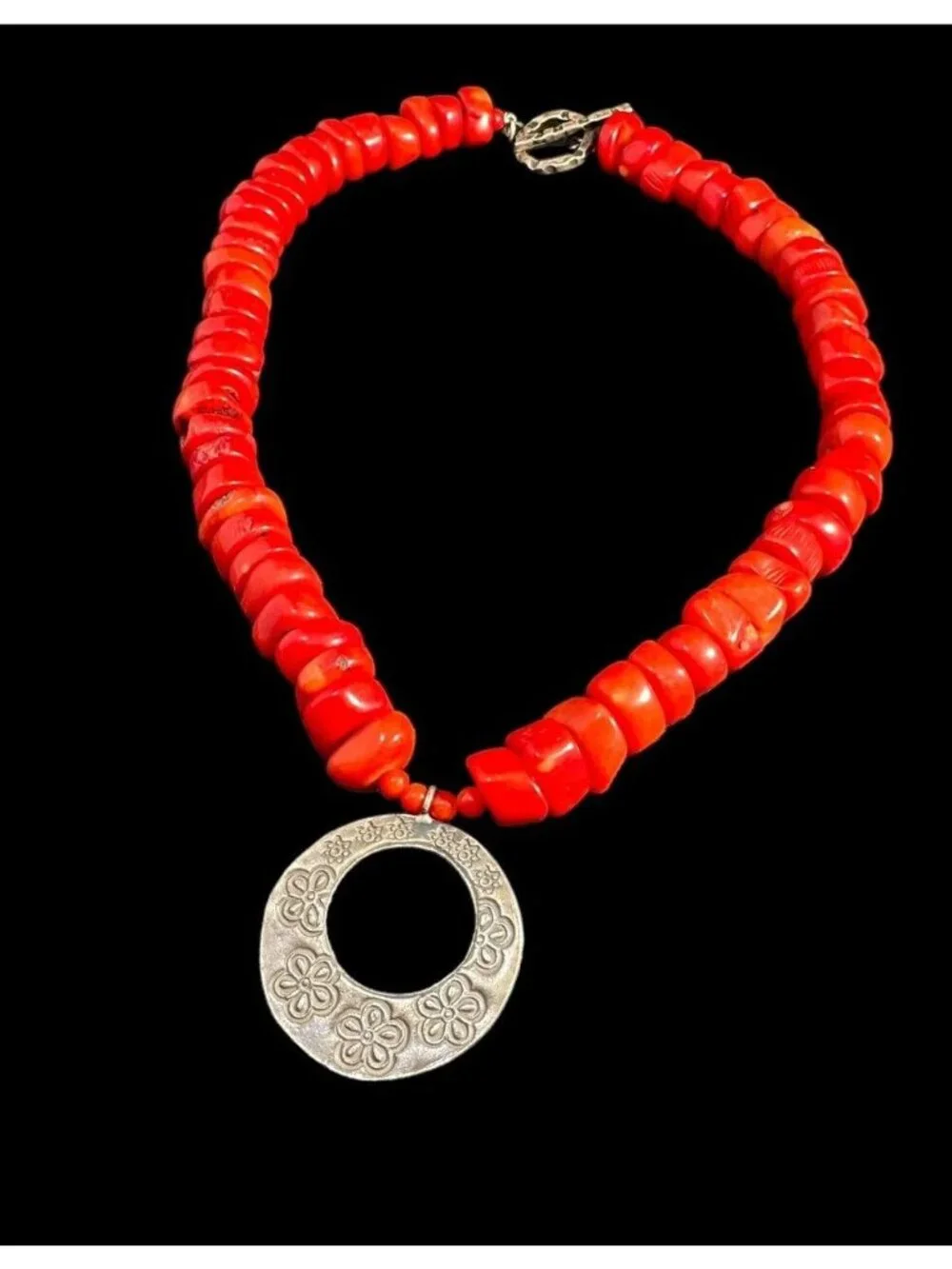 Necklace Red Coral Beaded Sterling Silver Floral Hoop Pendant Toggle Clasp